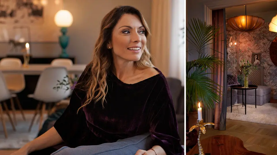 Alexandra Pascalidou i vardagsrummet, bredvid en vy in mot tv-rummet, Alexandra Pascalidous hem i Stockholm
